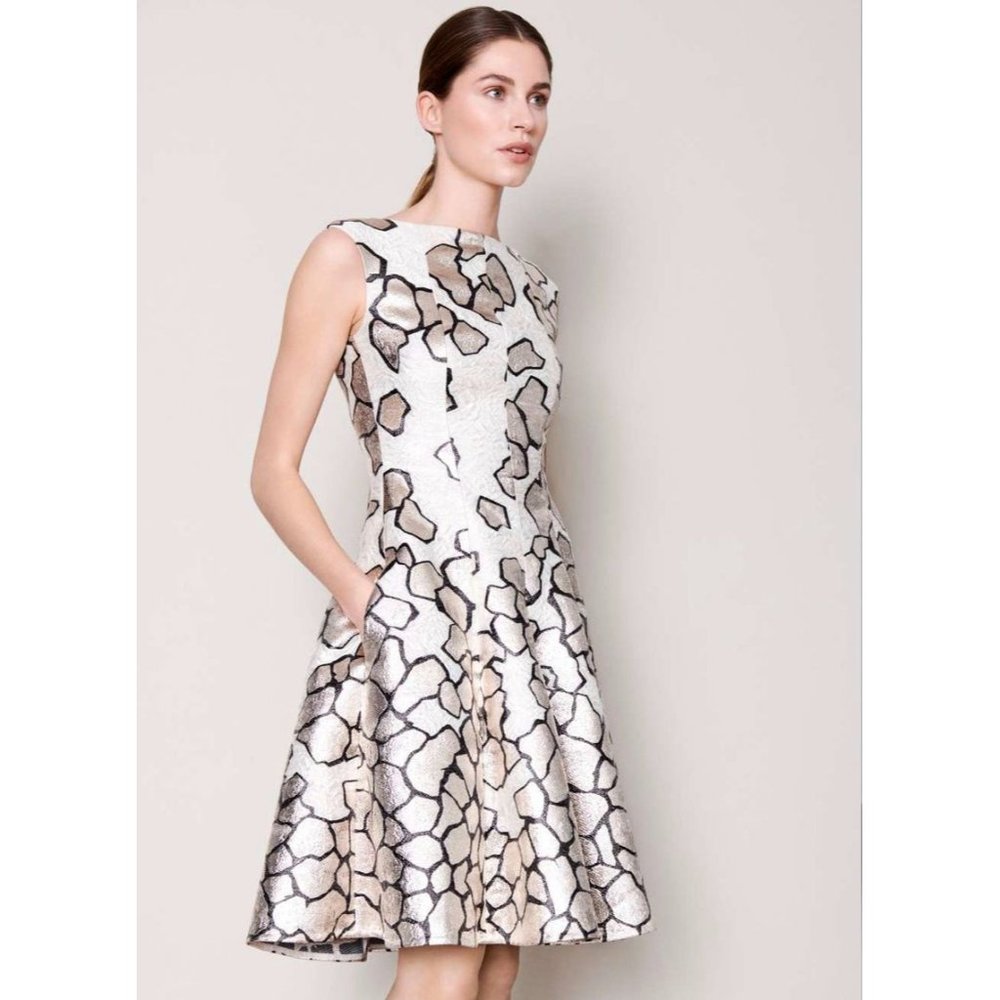 Talbot Runhof Korbut 20 Jacquard Cap Sleeve A-Line Cocktail Dress Size 10 - Picture 2 of 12